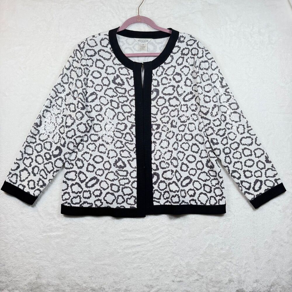 Misook Woman 1X Black White Sequin Leopard Animal Print Jacket Plus Size